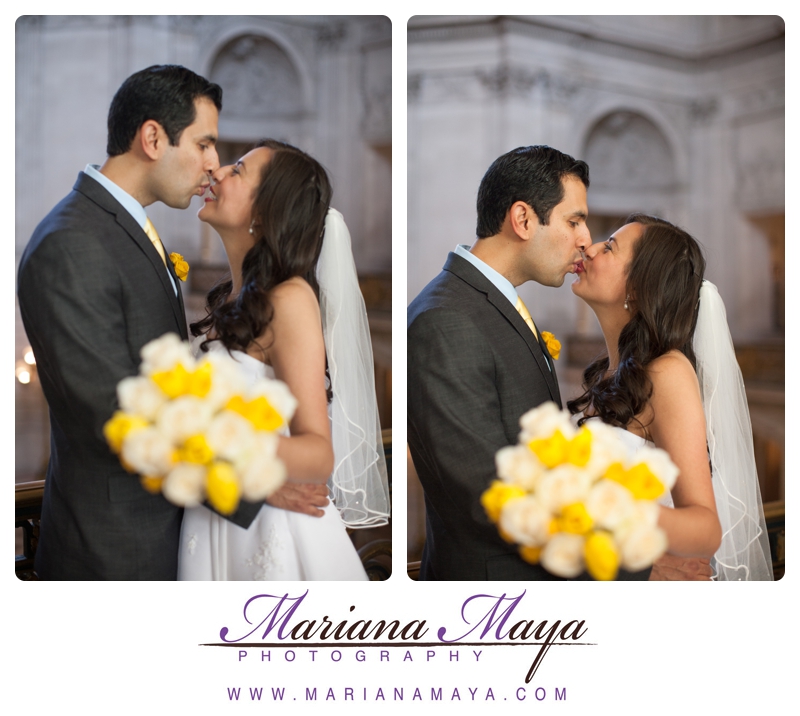 kiss in sf city hall with flowers